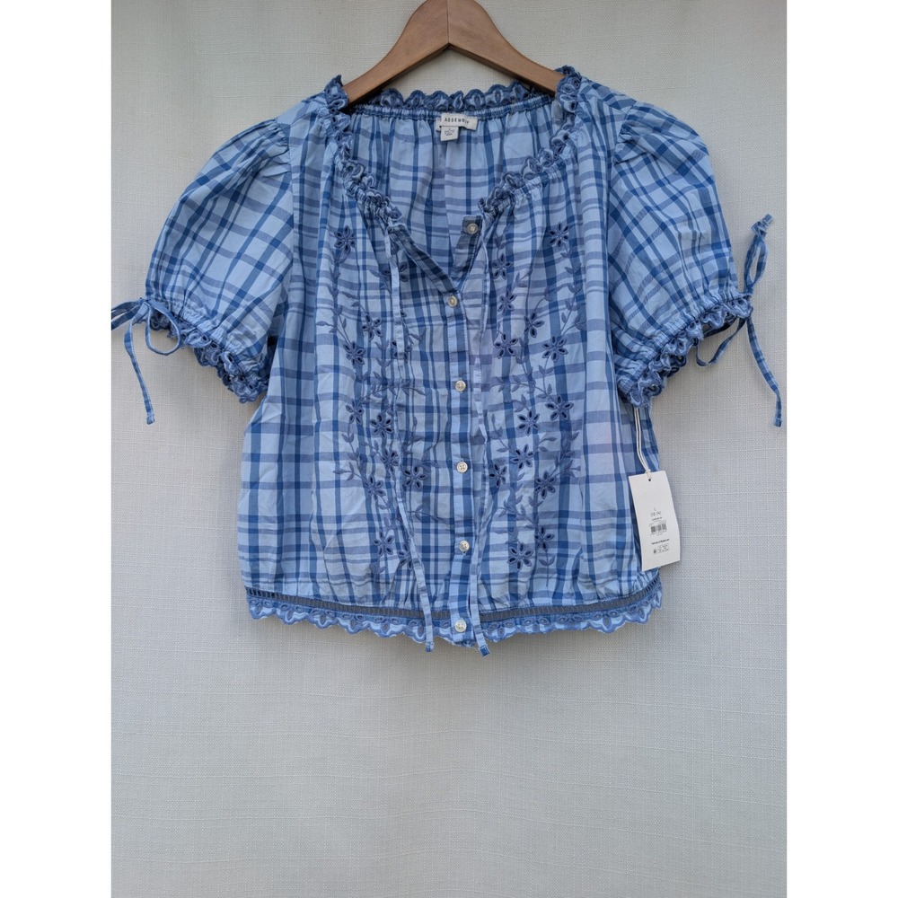 Assembly Blue Gingham Embroidered Crop Top Plaid Eyelet Button Blouse L 12-14